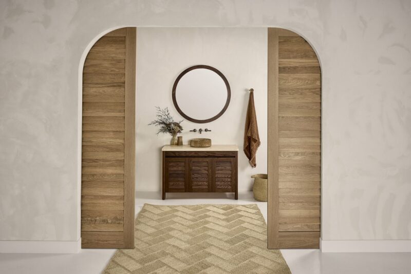 loughlin furniture frenchy vanity in american oak smoked and frenchy doors in american oak light
